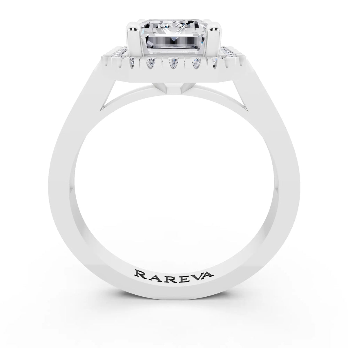 14 KT White Gold Emerald Cut Diamond Halo Ring with Bezel Accent Band - through finger