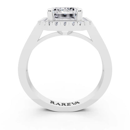 14 KT White Gold Emerald Cut Diamond Halo Ring with Bezel Accent Band - through finger
