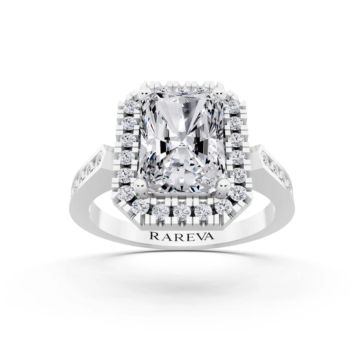 14 KT White Gold Radiant Cut Diamond Halo Ring with Bezel Accent Band - front view