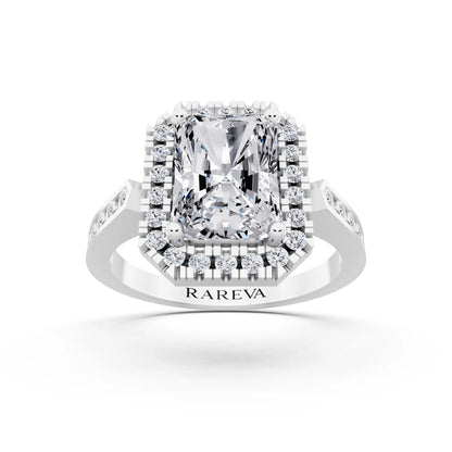 14 KT White Gold Radiant Cut Diamond Halo Ring with Bezel Accent Band - front view
