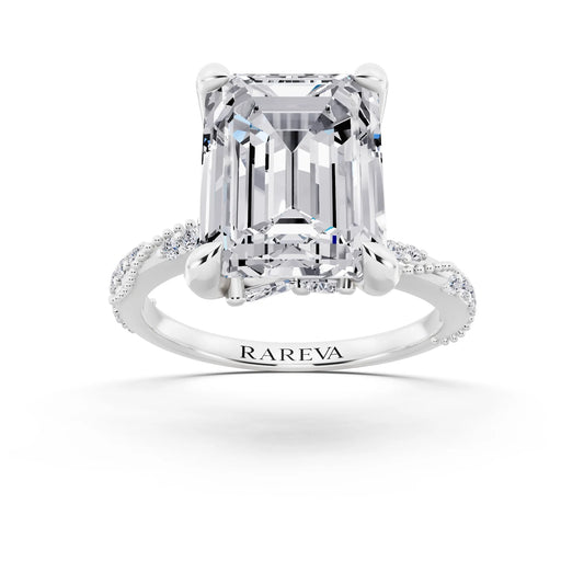 14 KT White Gold Emerald Cut Diamond Ring with Marquise Accent - front view