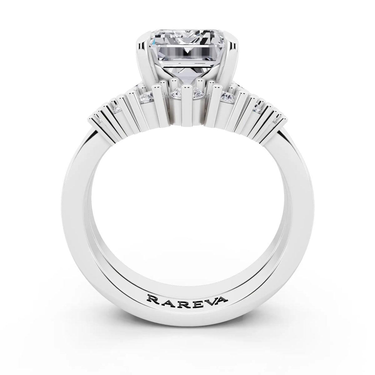 18 KT White Gold Emerald Cut Diamond Ring with Curved Cluster Band - through finger
