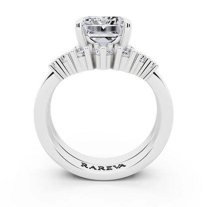 18 KT White Gold Emerald Cut Diamond Ring with Curved Cluster Band - through finger