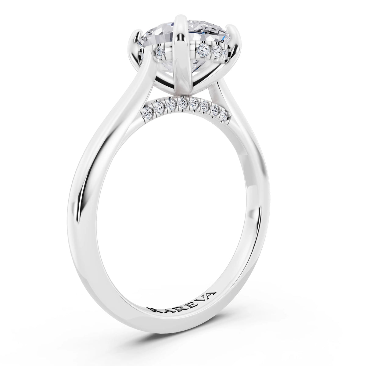 18 KT White Gold Oval Cut Diamond Solitaire Ring with Cathedral Band - top view