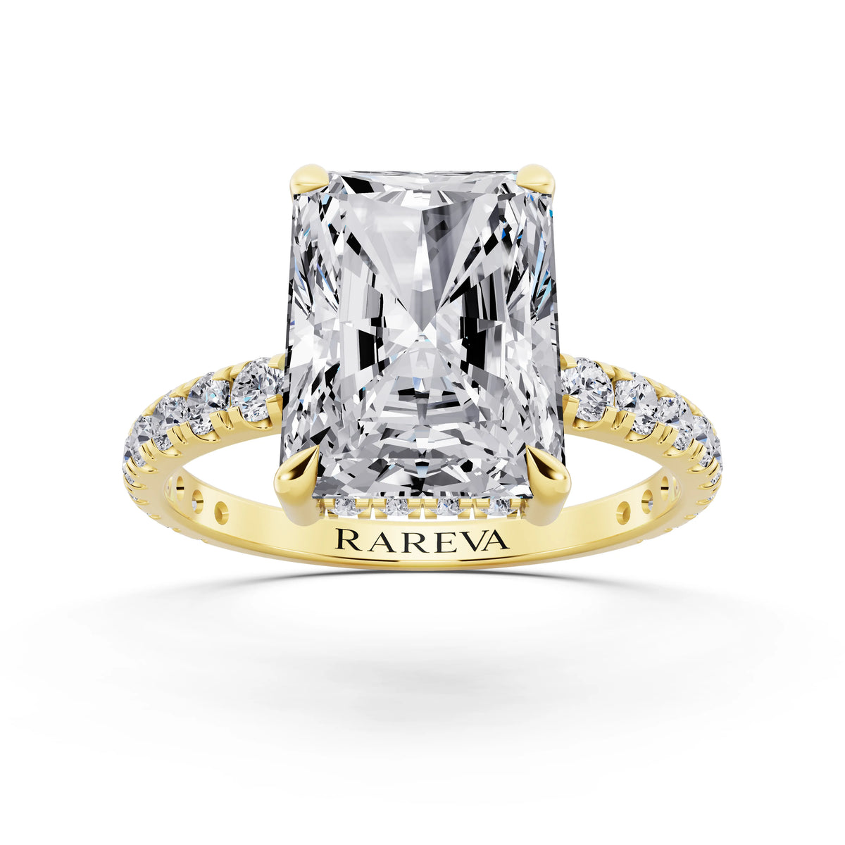 14 KT Yellow Gold Radiant Cut Diamond Solitaire Ring with Hidden Halo and French Pave Band - front view