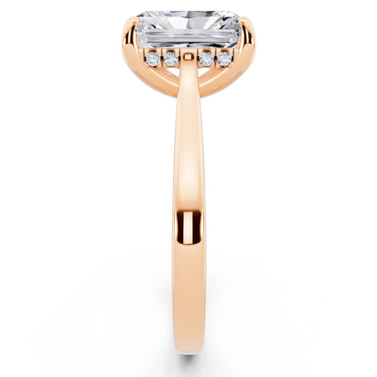 18 KT Rose Gold Radiant Cut Diamond Solitaire Ring with Cathedral Band - side view