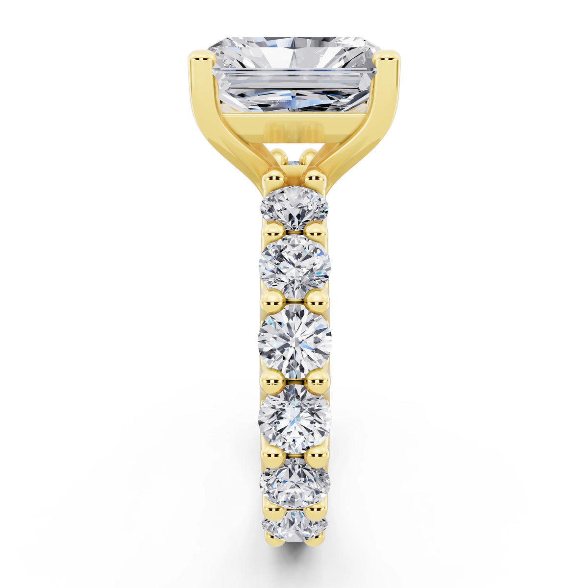 14 KT Yellow Gold Radiant Cut Diamond Ring with Shared Prong Eternity Band - side view