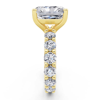 14 KT Yellow Gold Radiant Cut Diamond Ring with Shared Prong Eternity Band - side view