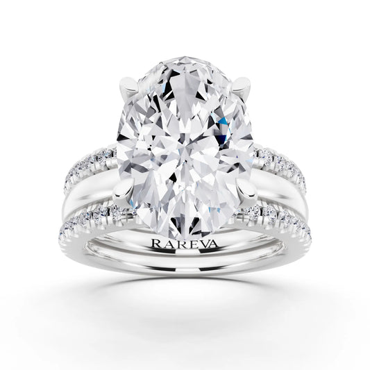 Platinum Oval Cut Diamond Solitaire Twin Pave Band Stack Ring - front view
