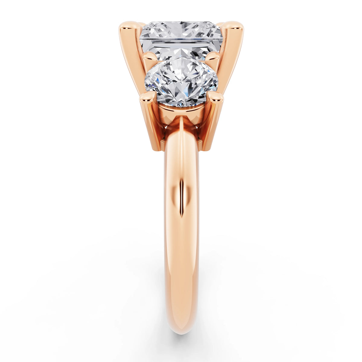 14 KT Rose Gold Princess Cut Diamond Three Stone Ring with Round Accents - side view