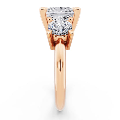 14 KT Rose Gold Princess Cut Diamond Three Stone Ring with Round Accents - side view