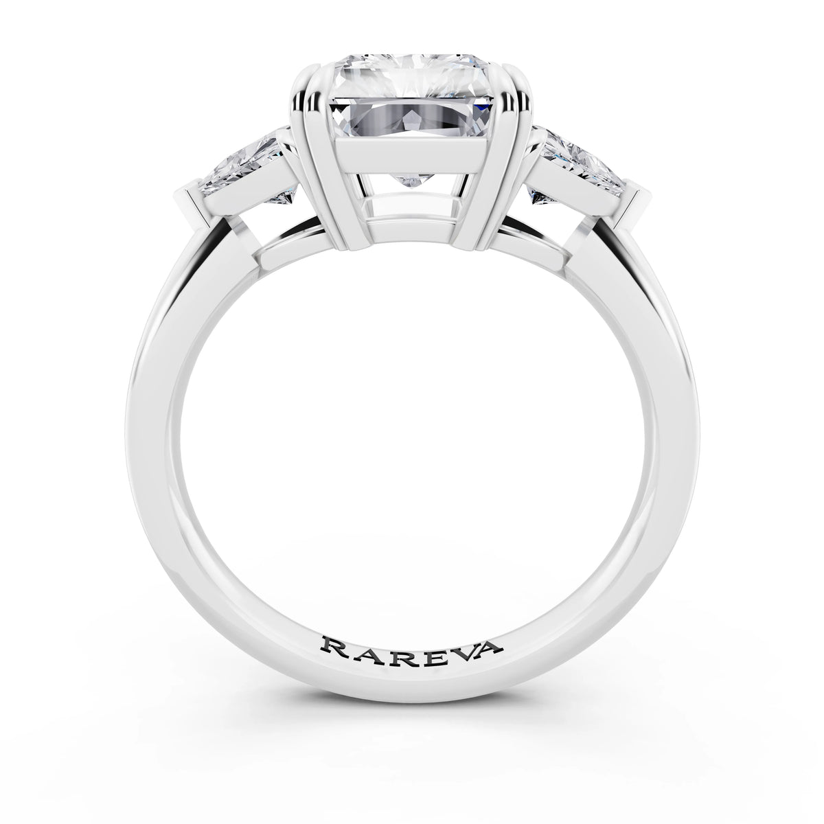 18 KT White Gold Radiant Cut Diamond Three Stone Ring with Trillion Accents - through finger