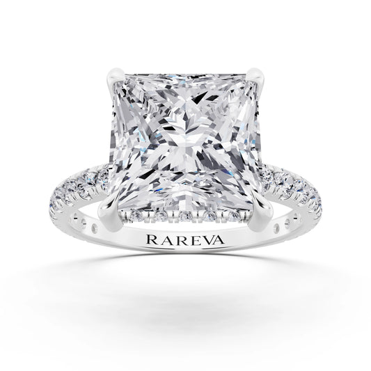 14 KT White Gold Princess Cut Diamond Solitaire Ring with Hidden Halo and French Pave Band - front view