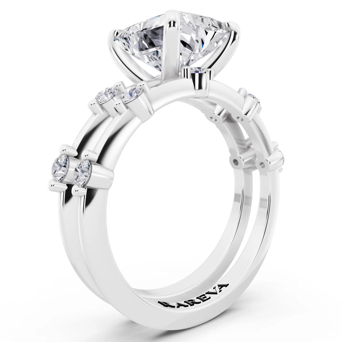 18 KT White Gold Radiant Cut Diamond Ring with Floating Accent Band - top view