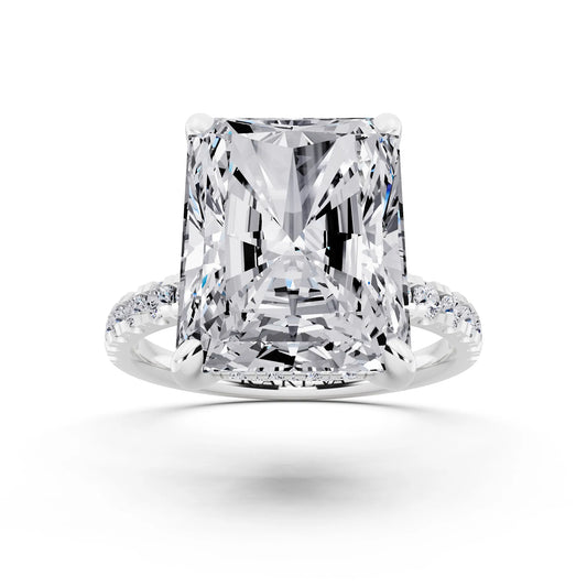 Platinum Radiant Cut Diamond Hidden Halo Tiger Prong Pave Band Ring - front view