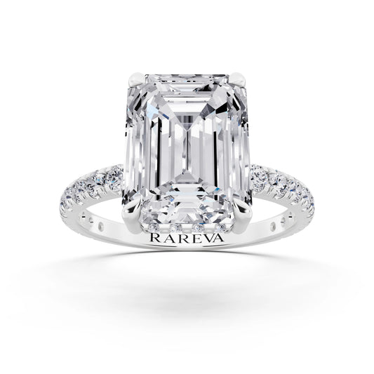 Platinum Emerald Cut Diamond Solitaire Ring with Hidden Halo and French Pave Band - front view