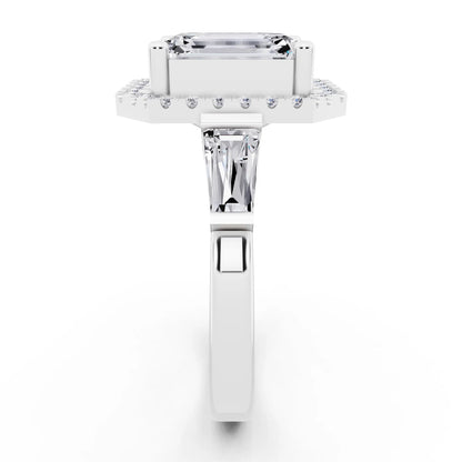 14 KT White Gold Emerald Cut Diamond Halo Ring with Baguette Accents - side view