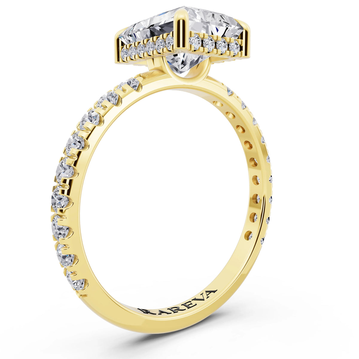 18 KT Yellow Gold Radiant Cut Diamond Solitaire Ring with Hidden Halo and French Pave Band - top view