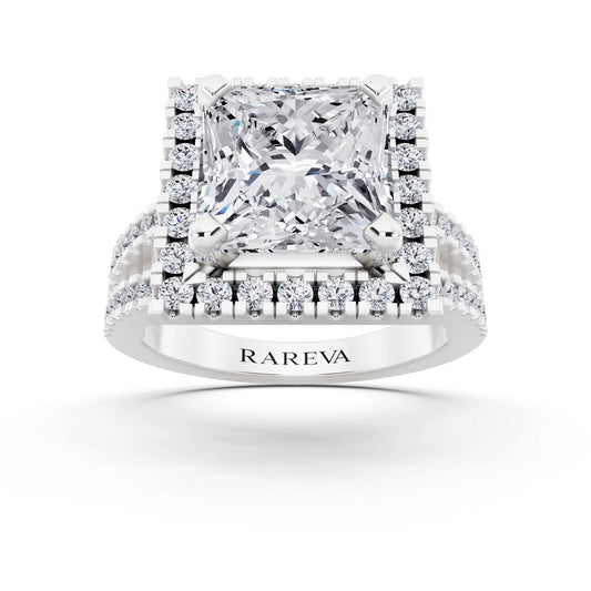 Platinum Princess Cut Diamond Halo Ring with Pave Split Shank - front view