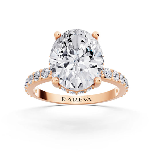 18 KT Rose Gold Oval Cut Diamond Solitaire Ring with Hidden Halo and Pave Band - front view
