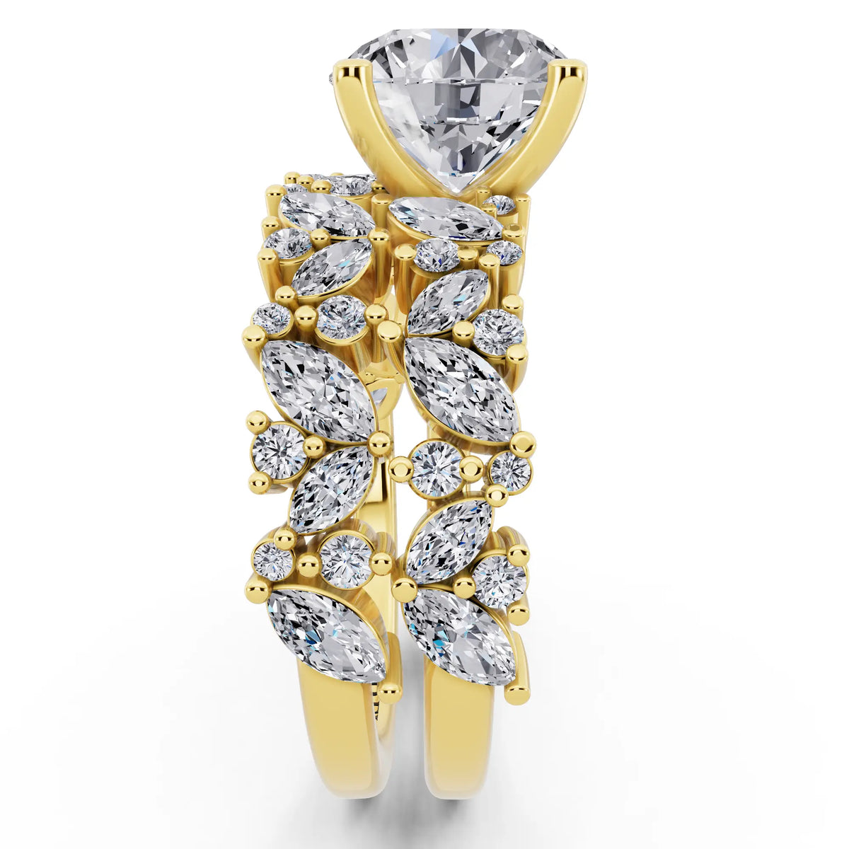 18 KT Yellow Gold Round Cut Diamond Ring with Marquise Cluster Band - side view