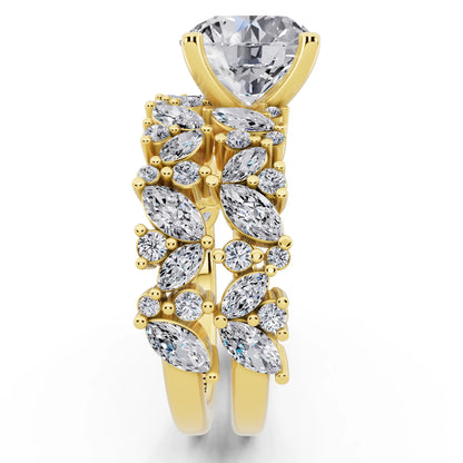 18 KT Yellow Gold Round Cut Diamond Ring with Marquise Cluster Band - side view