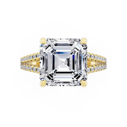 18 KT Yellow Gold Asscher Cut Diamond Ring with Pavé Split Shank - top angle