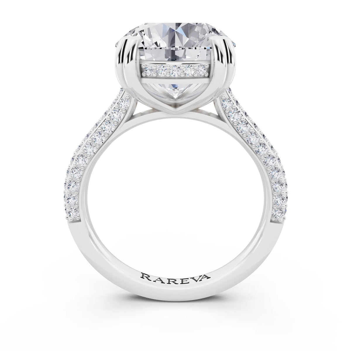 Platinum Round Cut Diamond Hidden Halo Double Claw Pave Band Ring - through finger