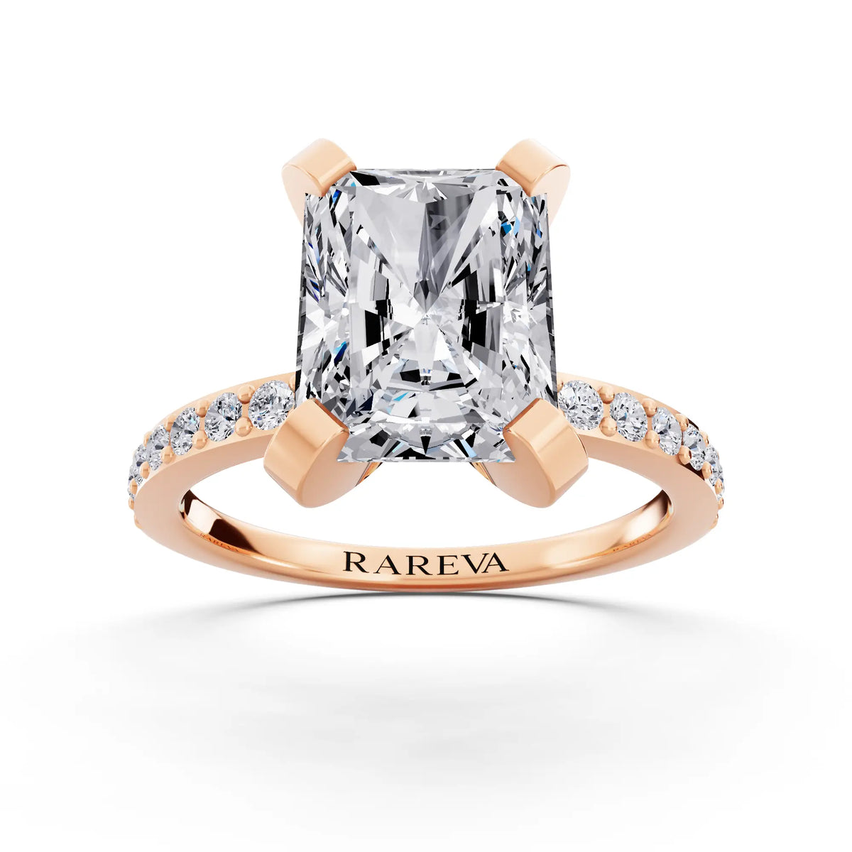 14 KT Rose Gold Radiant Cut Diamond Solitaire Ring with Pave Shank - front view