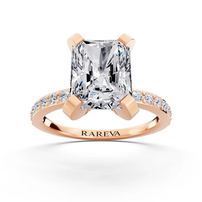 14 KT Rose Gold Radiant Cut Diamond Solitaire Ring with Pave Shank - front view