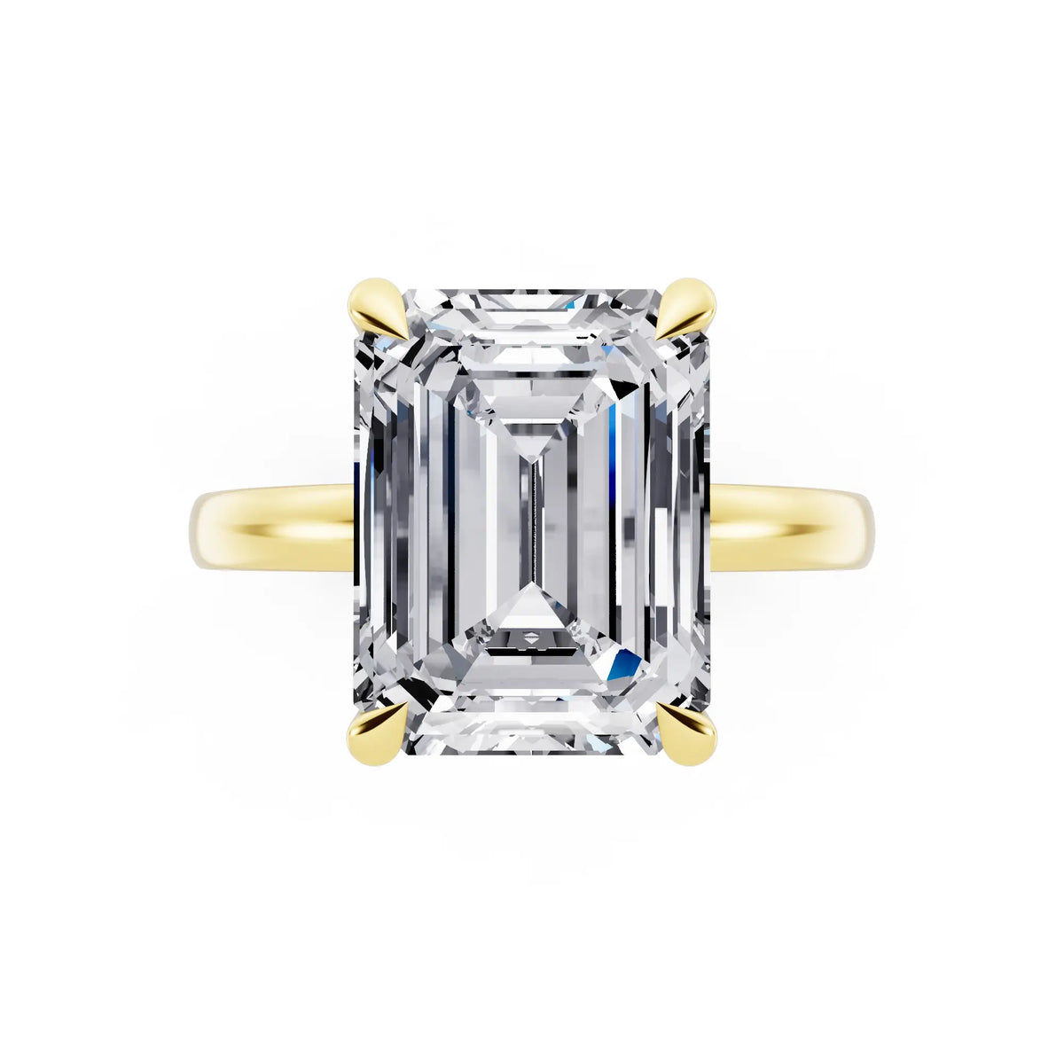 18 KT Yellow Gold Emerald Cut Diamond Solitaire Ring with Pave Collar - top angle