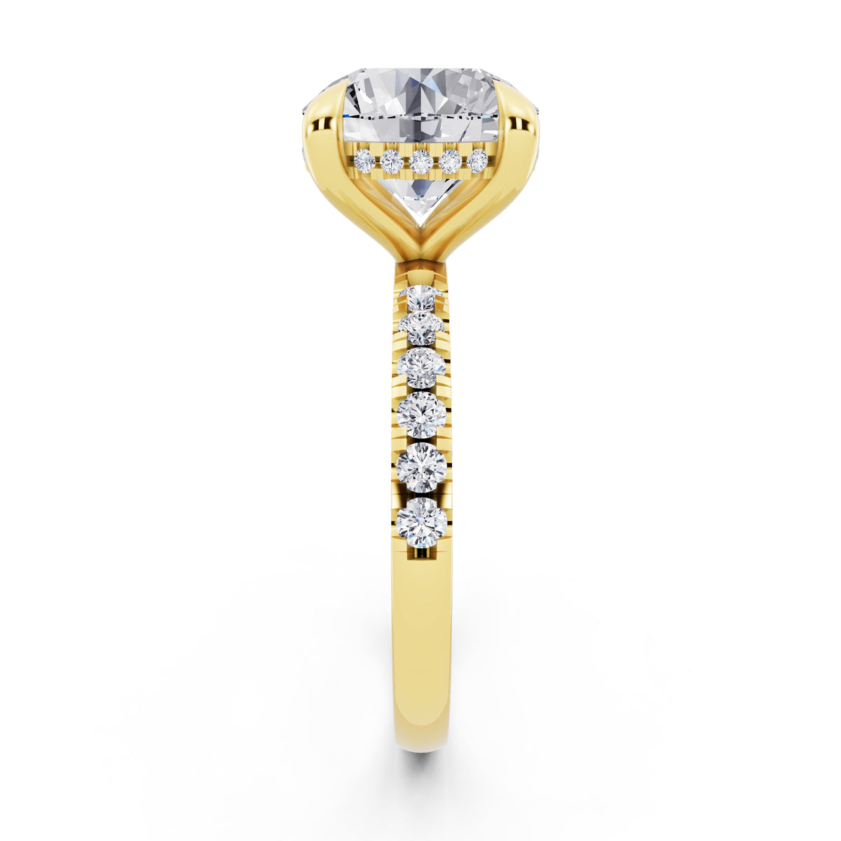 18 KT Yellow Gold Round Cut Diamond Solitaire Ring with Round Pavé Band and Prong Setting - side view