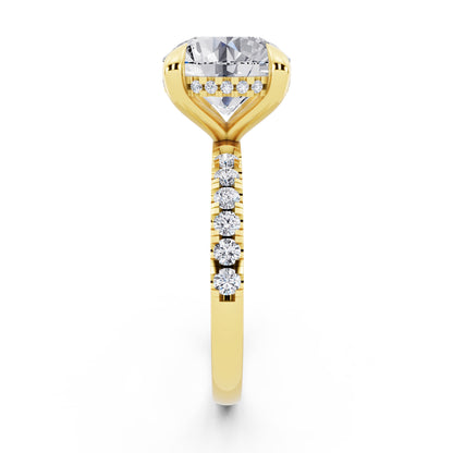 18 KT Yellow Gold Round Cut Diamond Solitaire Ring with Round Pavé Band and Prong Setting - side view