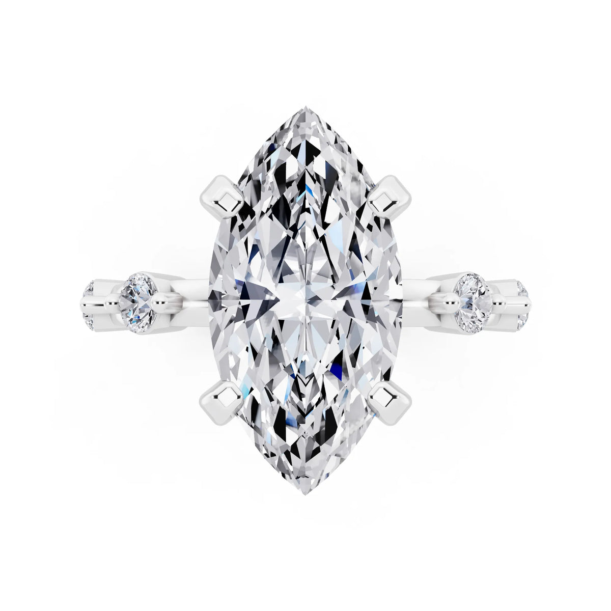 18 KT White Gold Marquise Cut Diamond Solitaire Ring with Floating Diamond Accents - top angle
