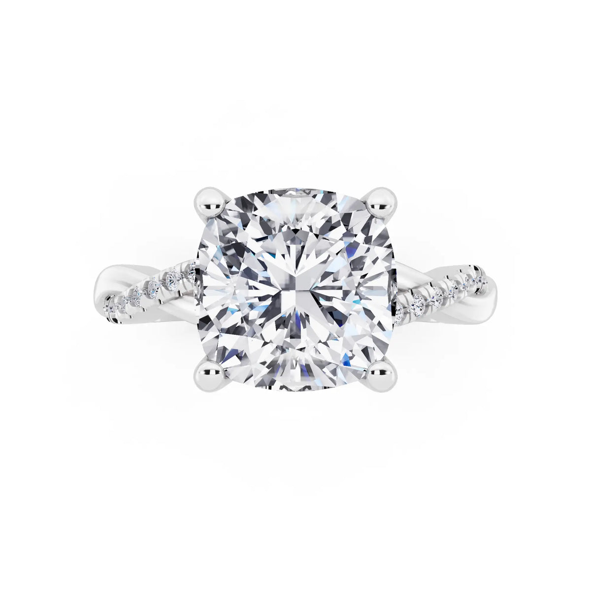 Platinum Cushion Cut Diamond Hidden Halo Ring with Twisted Pave Band - top angle