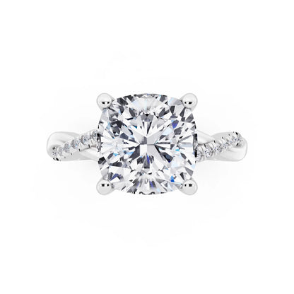 Platinum Cushion Cut Diamond Hidden Halo Ring with Twisted Pave Band - top angle