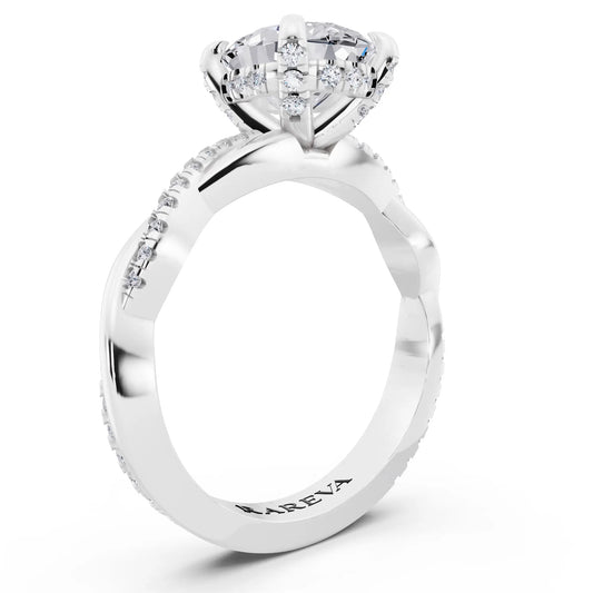 Platinum Oval Cut Diamond Hidden Halo Ring with Twisted Pave Band - top view