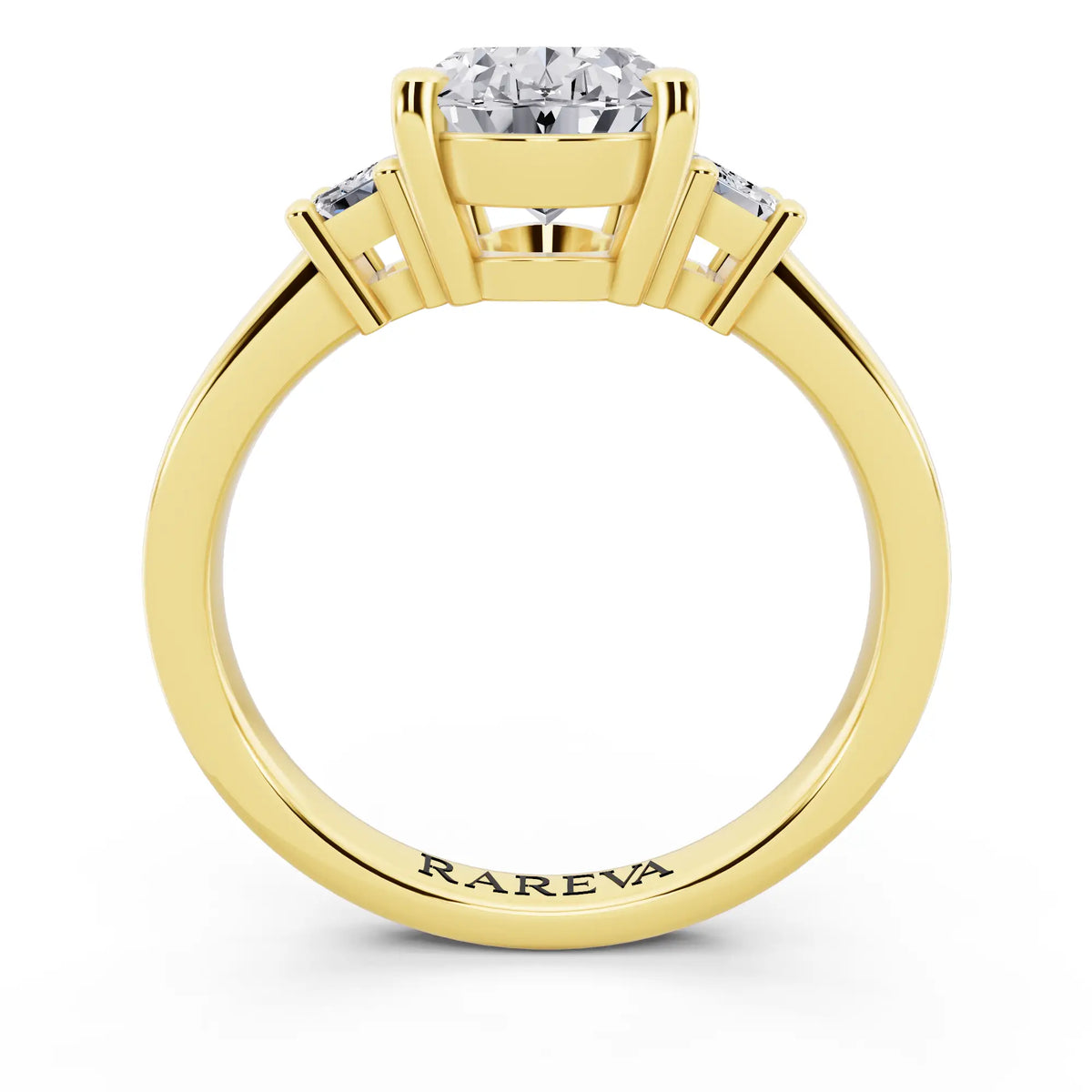 18 KT Yellow Gold Oval Cut Diamond Three Stone Emerald Accent Ring - through finger