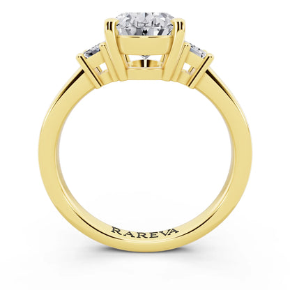 18 KT Yellow Gold Oval Cut Diamond Three Stone Emerald Accent Ring - through finger