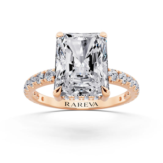 18 KT Rose Gold Radiant Cut Diamond Solitaire Ring with Hidden Halo and French Pave Band - front view
