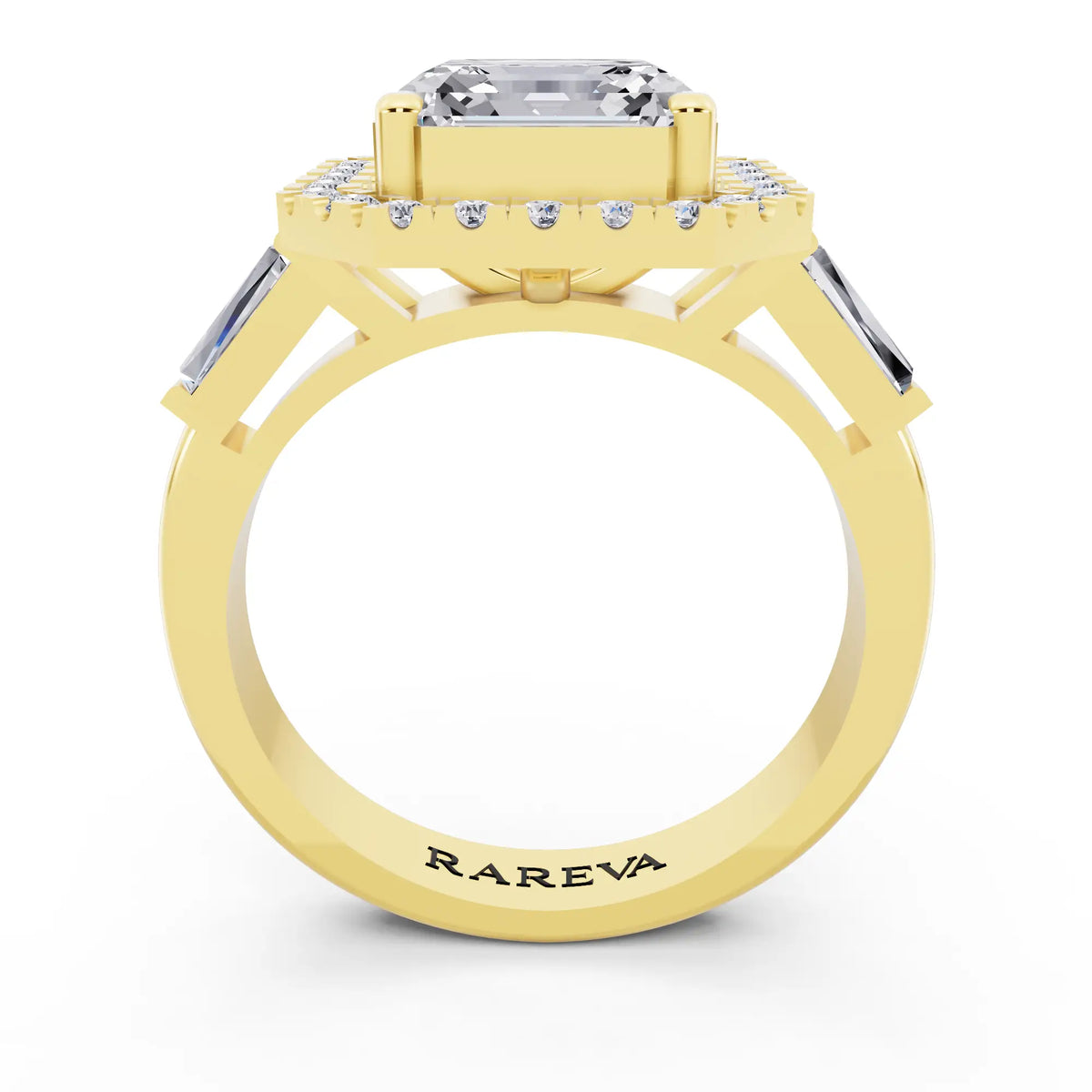 14 KT Yellow Gold Asscher Cut Diamond Halo Ring with Baguette Accents - through finger