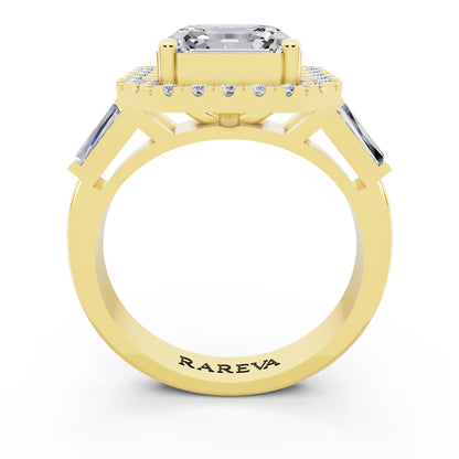 14 KT Yellow Gold Asscher Cut Diamond Halo Ring with Baguette Accents - through finger