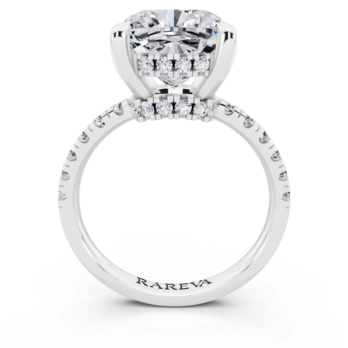 Platinum Cushion Cut Diamond Hidden Halo Tiger Prong Pave Band Ring - through finger