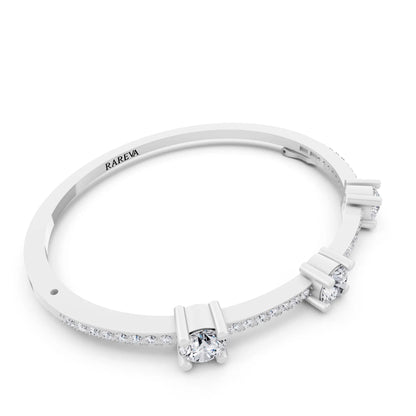Platinum Three Stone Round Cut Diamond Bangle Bracelet - Left