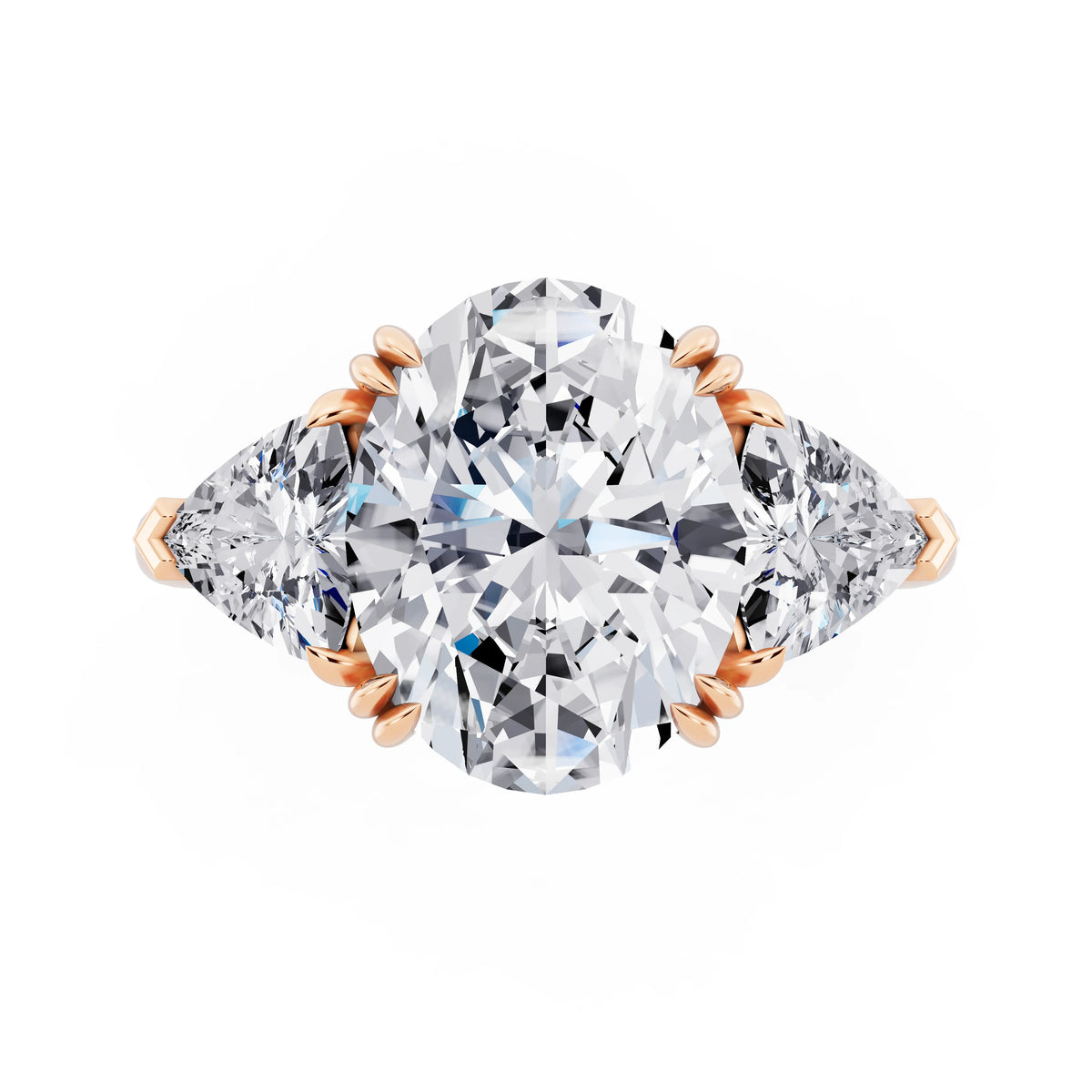 14 KT Rose Gold Oval Cut Diamond Three Stone Ring with Trillion Accents - top angle