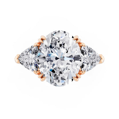 14 KT Rose Gold Oval Cut Diamond Three Stone Ring with Trillion Accents - top angle