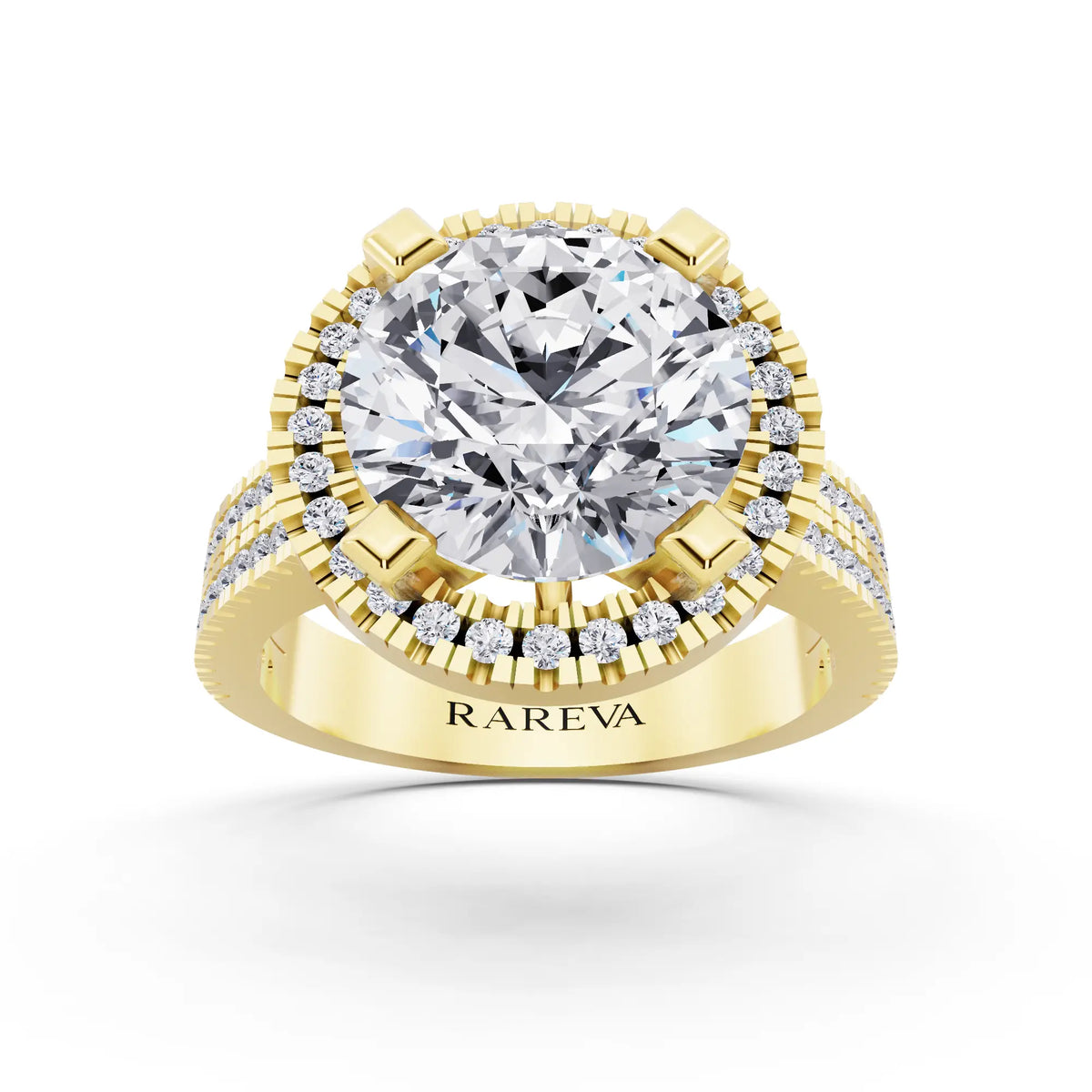 Round cut diamond halo ring with twin pave band from Rareva Jewels