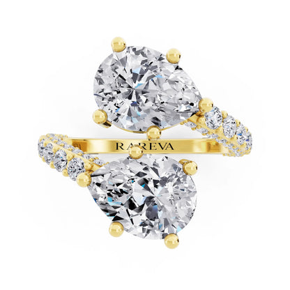 18 KT Yellow Gold Pear Cut Diamond Two Stone Ring with Pave Band - Top down