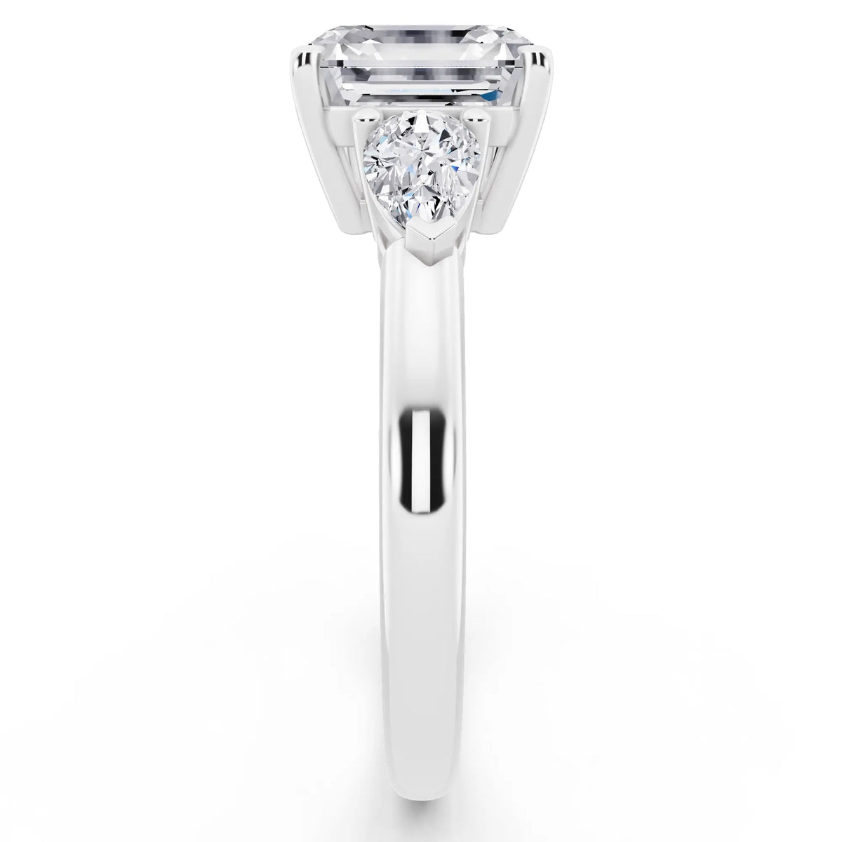 14 KT White Gold Asscher Cut Diamond Three Stone Pear Accent Ring - side view