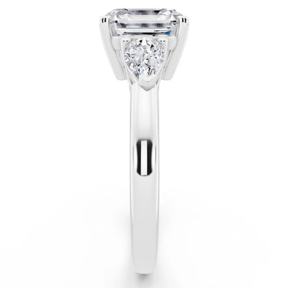 14 KT White Gold Asscher Cut Diamond Three Stone Pear Accent Ring - side view